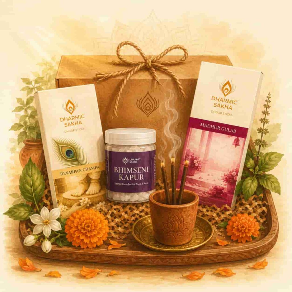 dharmic-sakha-bhakti-combos Dharmic Sakha's pooja samagri or pooja essentials for Hindu homes, from pooja dhoop batti to agarbatti and camphor, we provide everything.