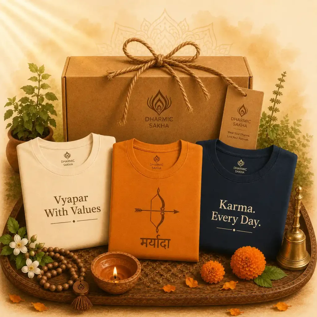 dharmic-sakha-wearables This image represents wearables in the form of printed tshirts for those Hindus who want to express their bhakti and values they belive in.