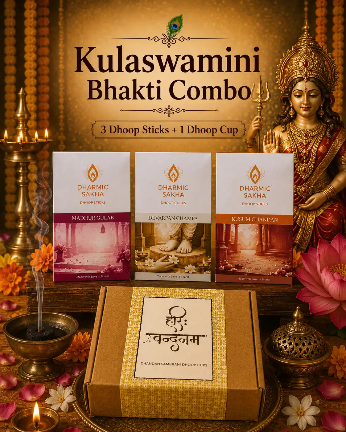 Kulaswamini Bhakti Combo with dhoop sticks and Chandan Sambrani Dhoop Cups for family pooja
