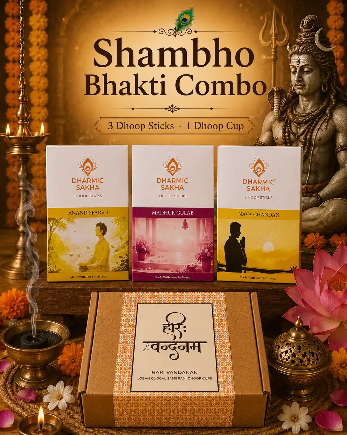 Shambho Bhakti Combo with dhoop sticks and Loban Guggal Sambrani Dhoop Cups for Shiv Pooja
