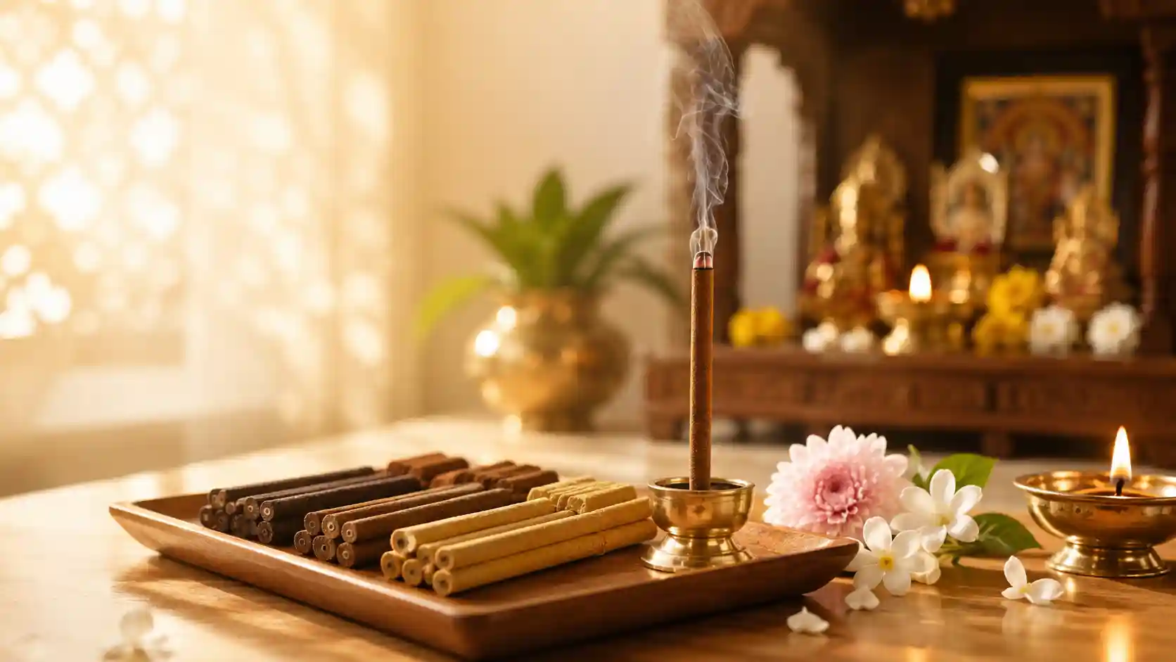 Bamboo-less dhoop sticks for daily pooja in a Hindu home mandir
