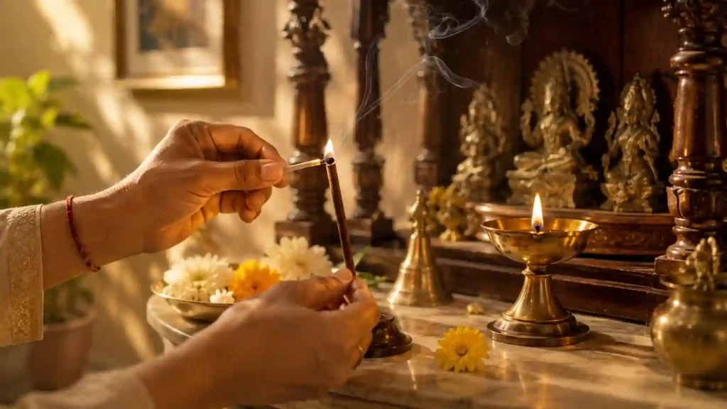 devotee lighting a bamboo-less dhoop stick during daily home pooja