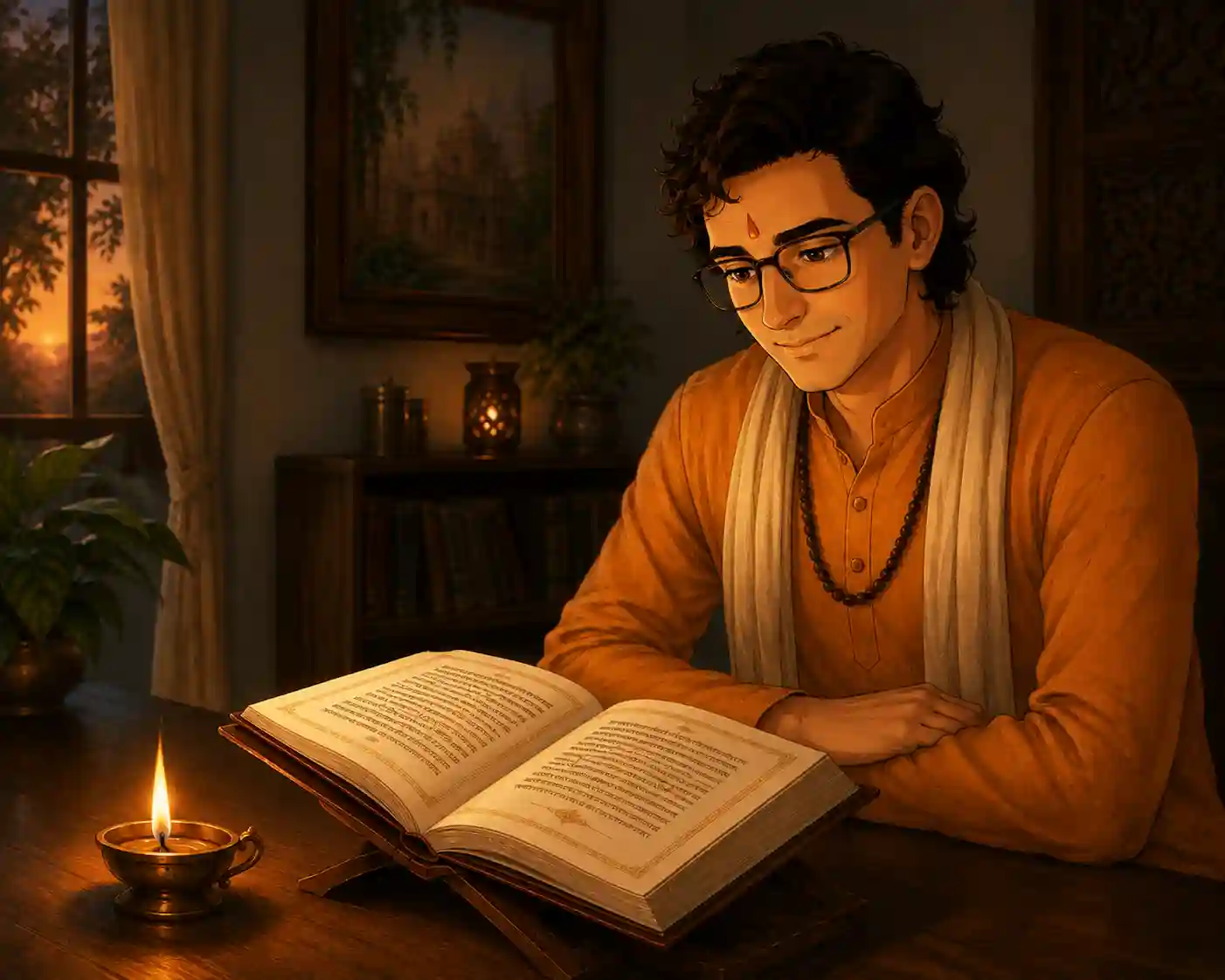 Sakha with the Bhagavad Gita reflecting on Dharmic wisdom