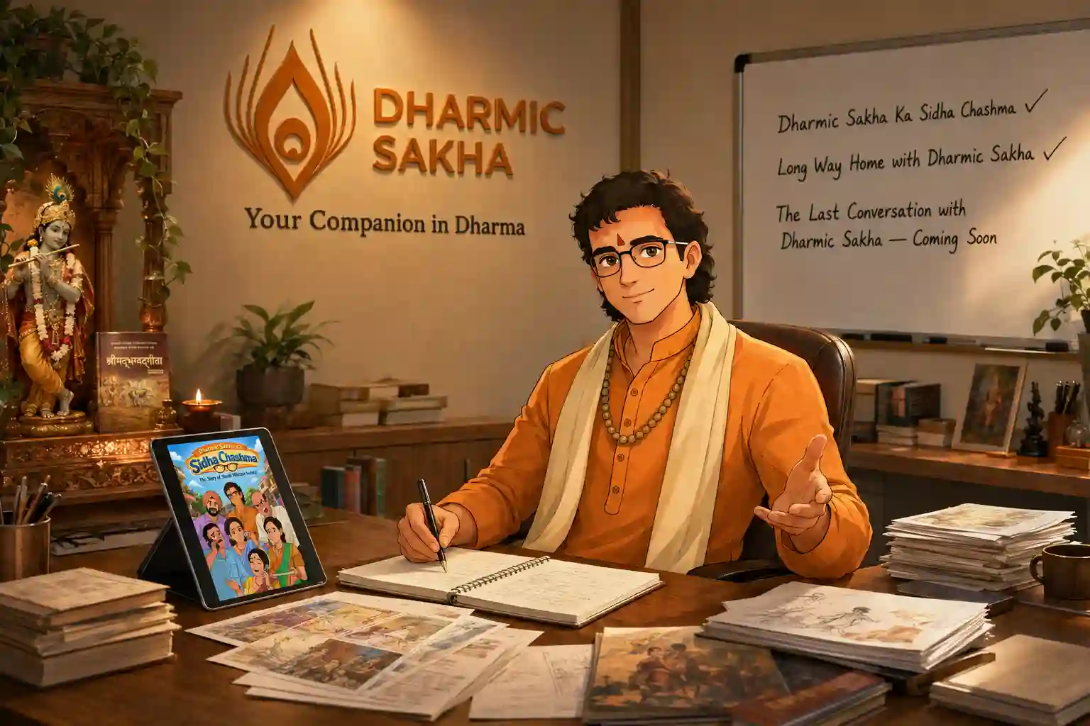 Sakha sitting in the Dharmic Sakha office as a companion in Dharma