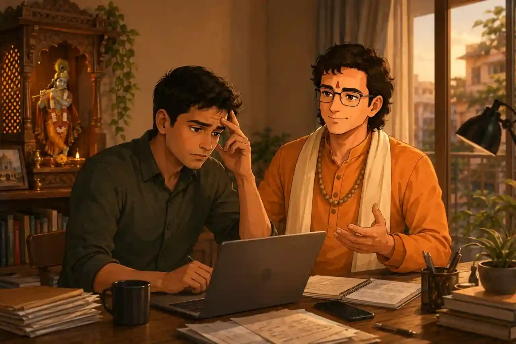 Sakha helping a person look at an everyday situation through a Dharmic perspective