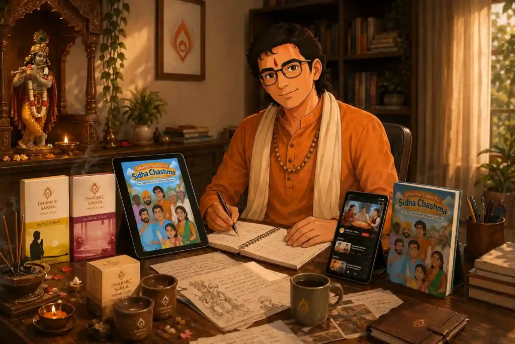 Dharmic Sakha products, books and digital content representing its Dharmic ecosystem