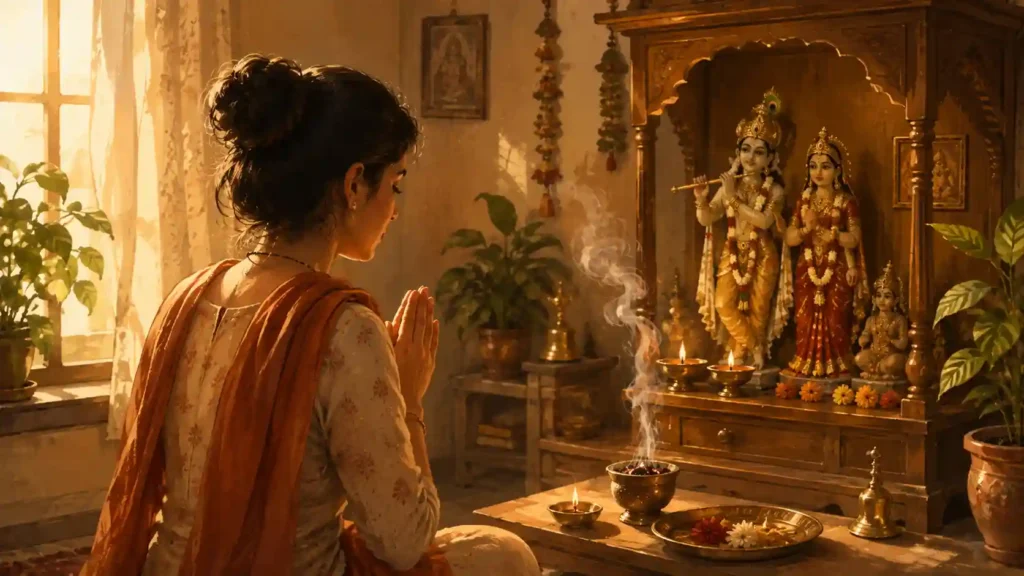 Devotee praying at home mandir with dhoop during daily pooja
