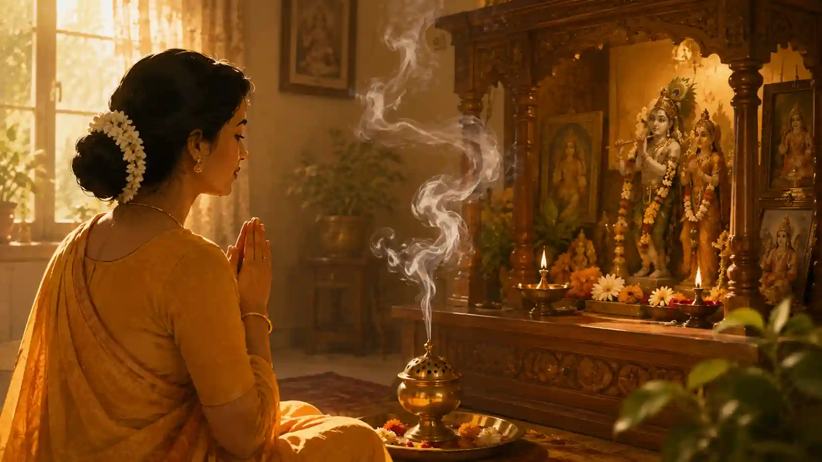 Dhoop being offered during daily pooja at a Hindu home mandir
