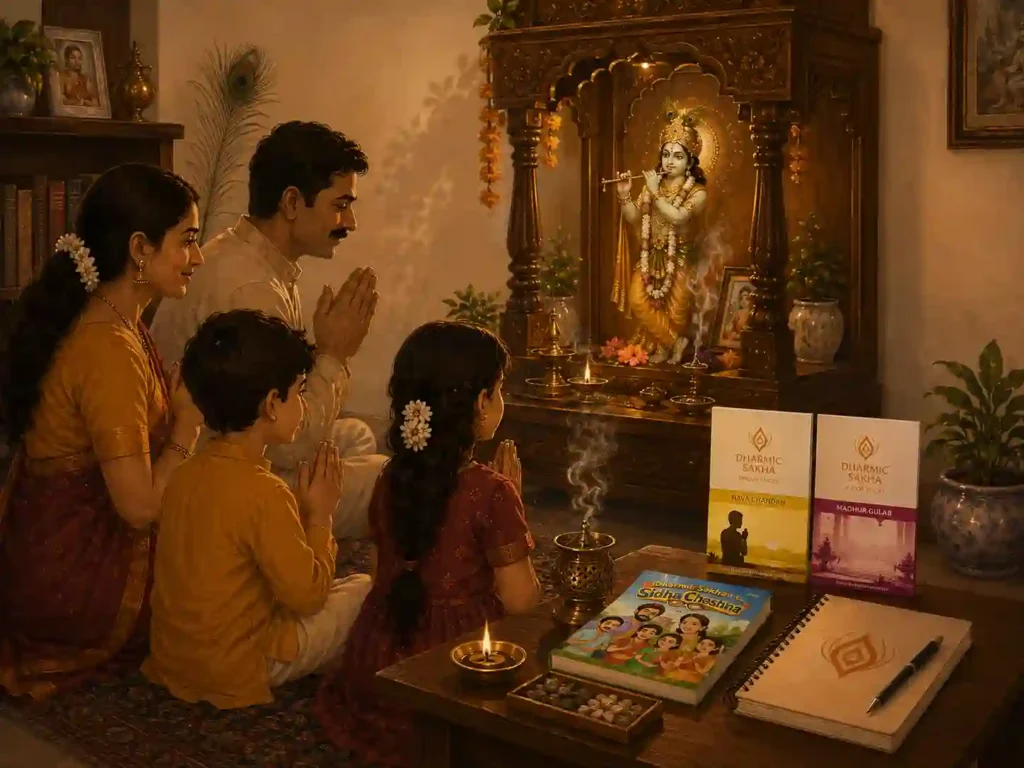 Sakha with a Hindu family during evening pooja at home