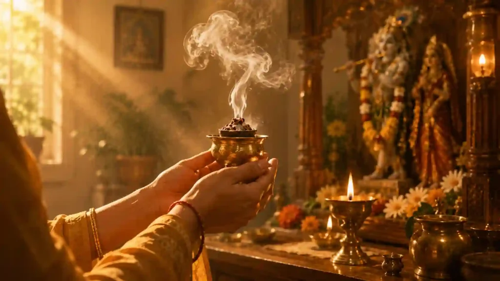 Devotee offering dhoop during Hindu pooja