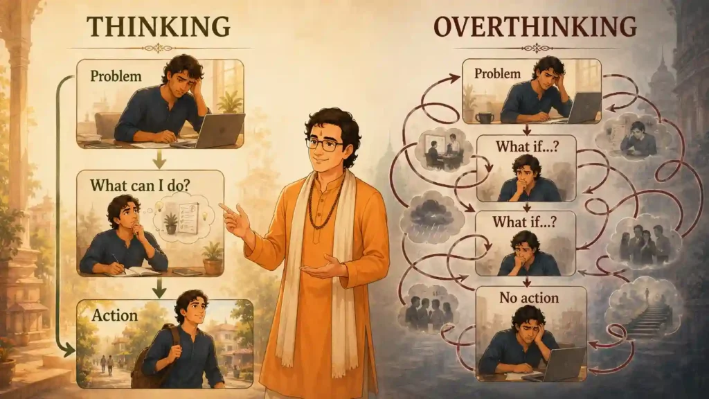 Illustration showing the difference between thinking and overthinking