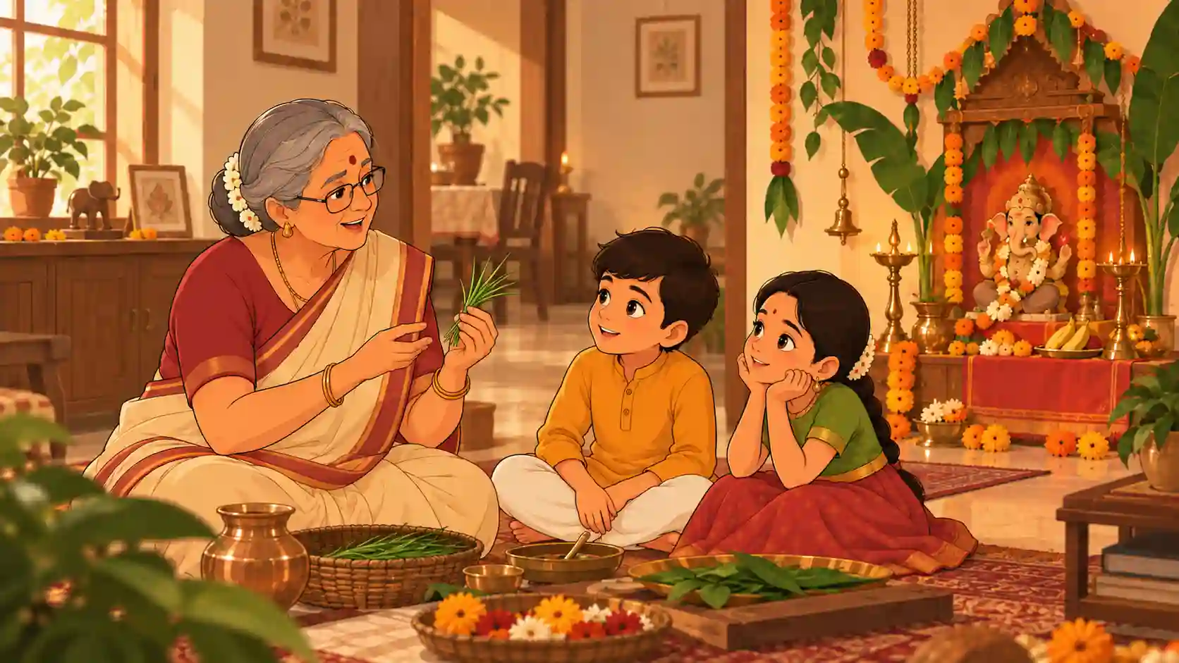 ganesh-chaturthi-family-traditions Children in the family learning about Ganesh Chaturthi traditions from an elderly family member