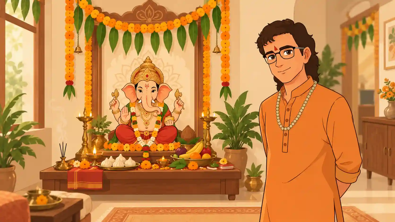 ganesh-chaturthi-pooja-at-home Ganesh Chaturthi pooja setup at home with Sakha and festive decorations