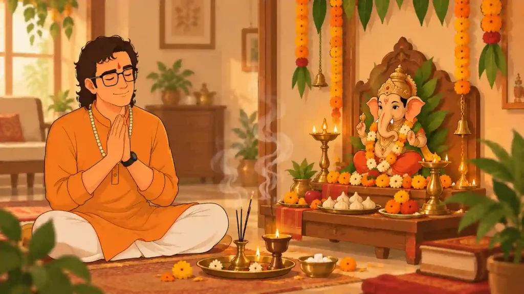 light-and-fragrance-during-ganesh-chaturthi-pooja Diya, dhoop, agarbatti and pooja essentials creating a peaceful Ganesh Chaturthi atmosphere