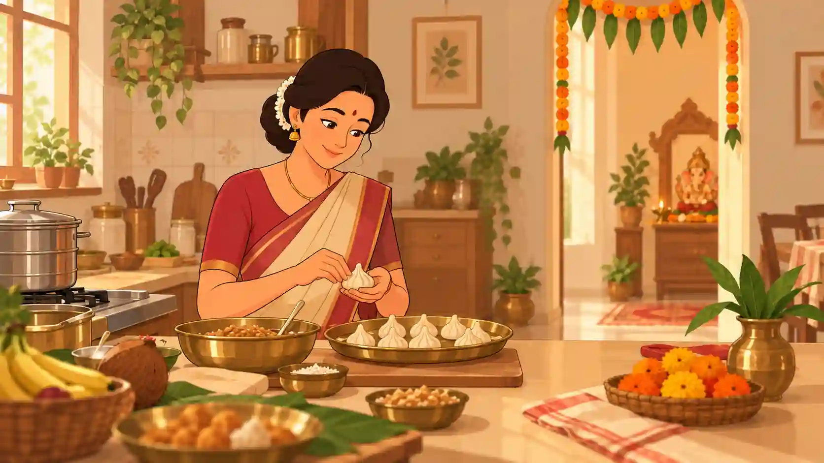 preparing-prasad-for-ganesh-chaturthi Traditional modak and prasad being prepared in a Hindu home for Ganesh Chaturthi