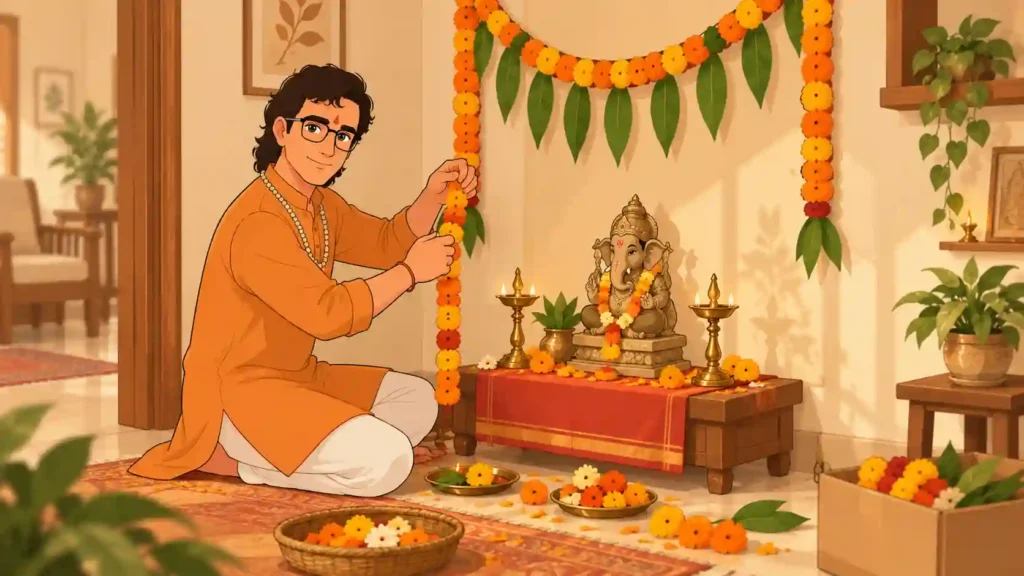 preparing-the-pooja-space-for ganesh-chaturthi Sakha helping prepare a decorated pooja space for Ganesh Chaturthi at home